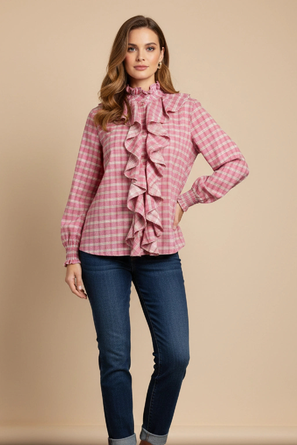Made in Italy Cotton Plaid Frill Blouse