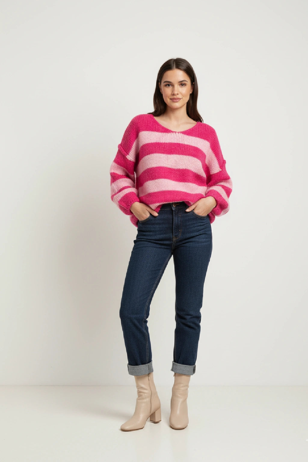 Wool V Neck Seam Out Stripe Jumper