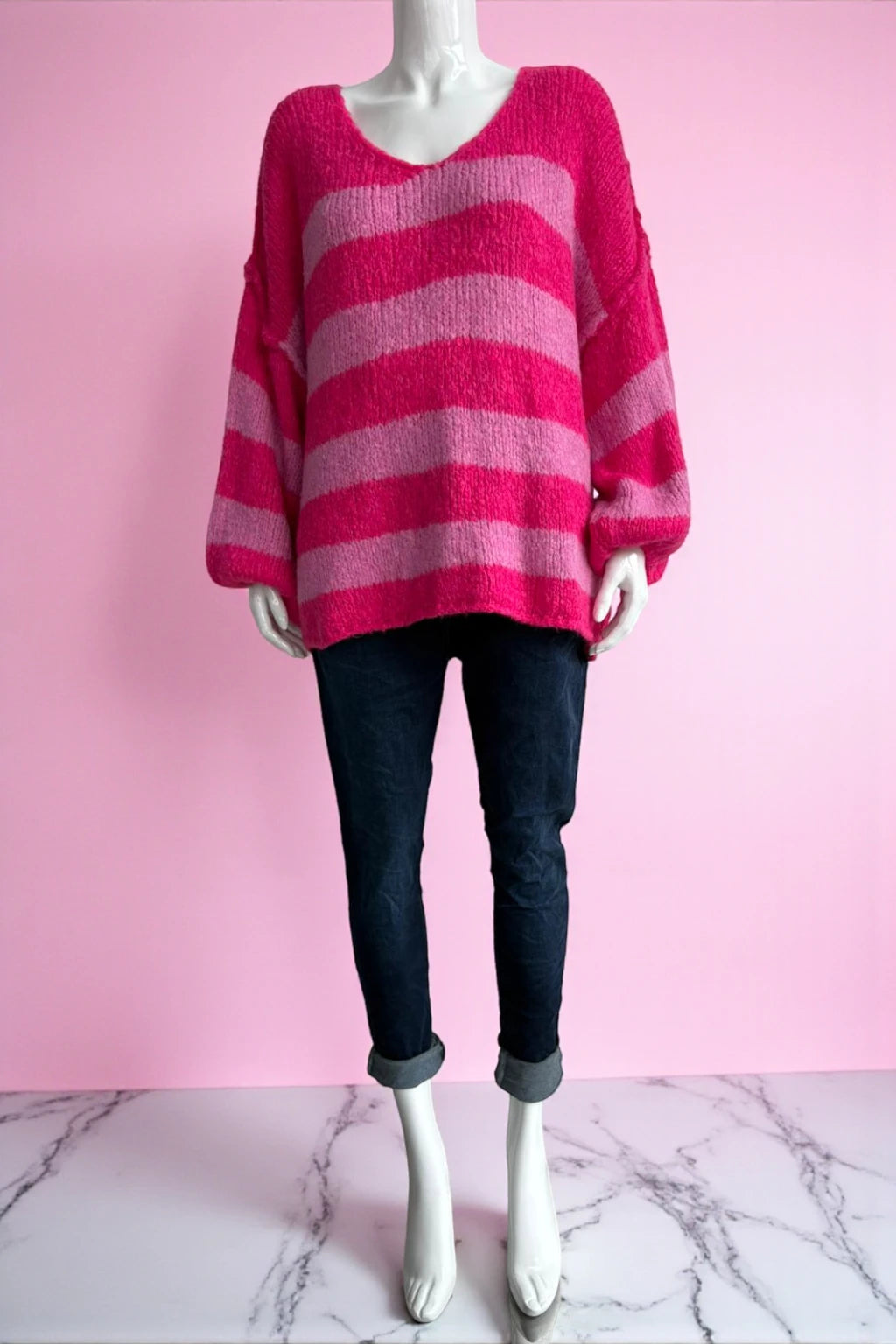Wool V Neck Seam Out Stripe Jumper