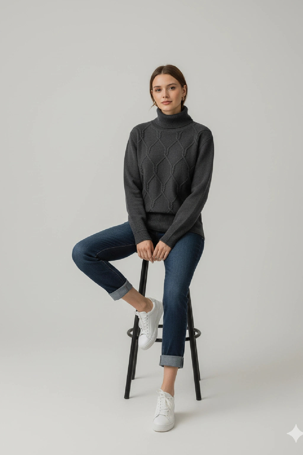 Women's Diamond Knit Polo Neck Jumper