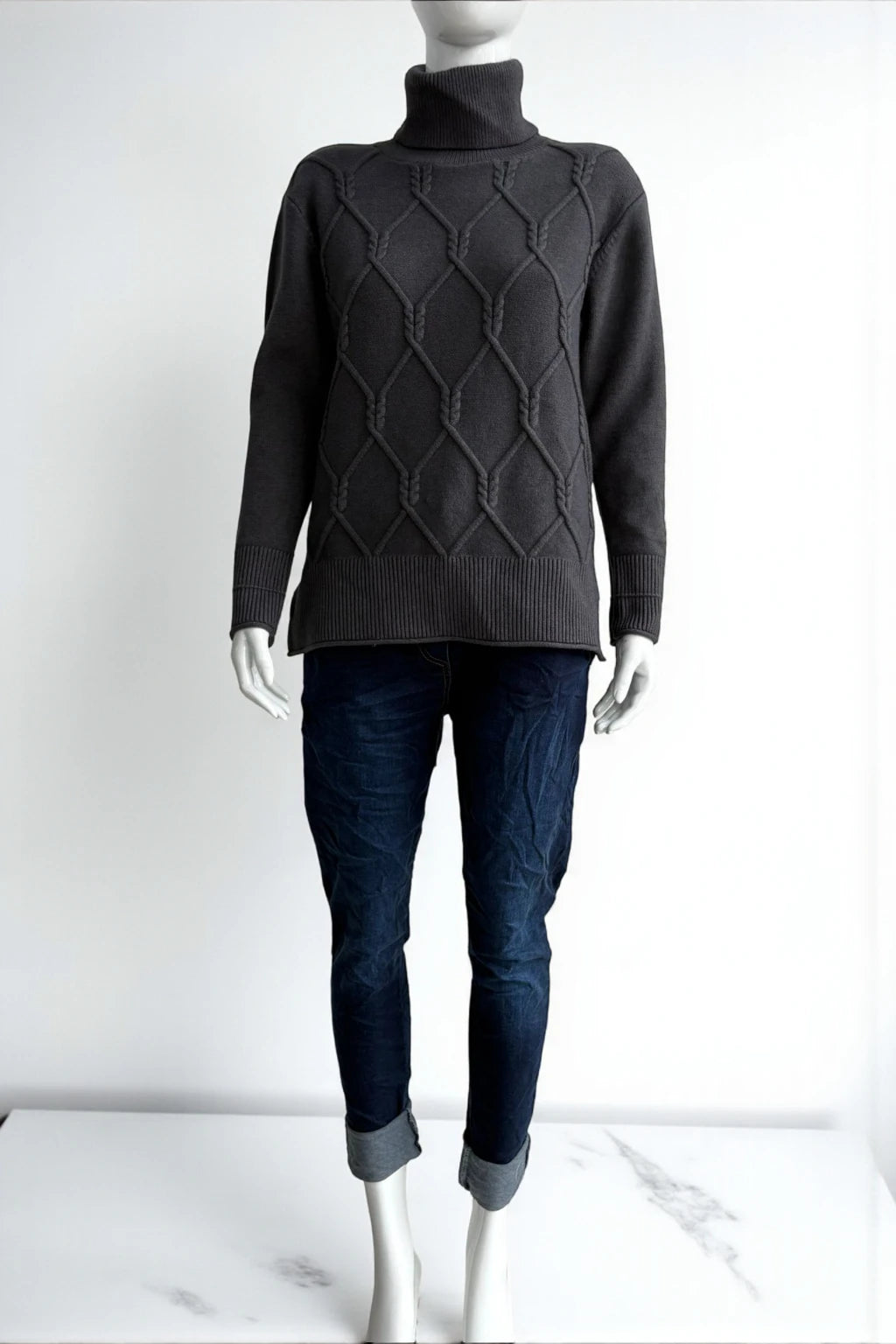 Women's Diamond Knit Polo Neck Jumper