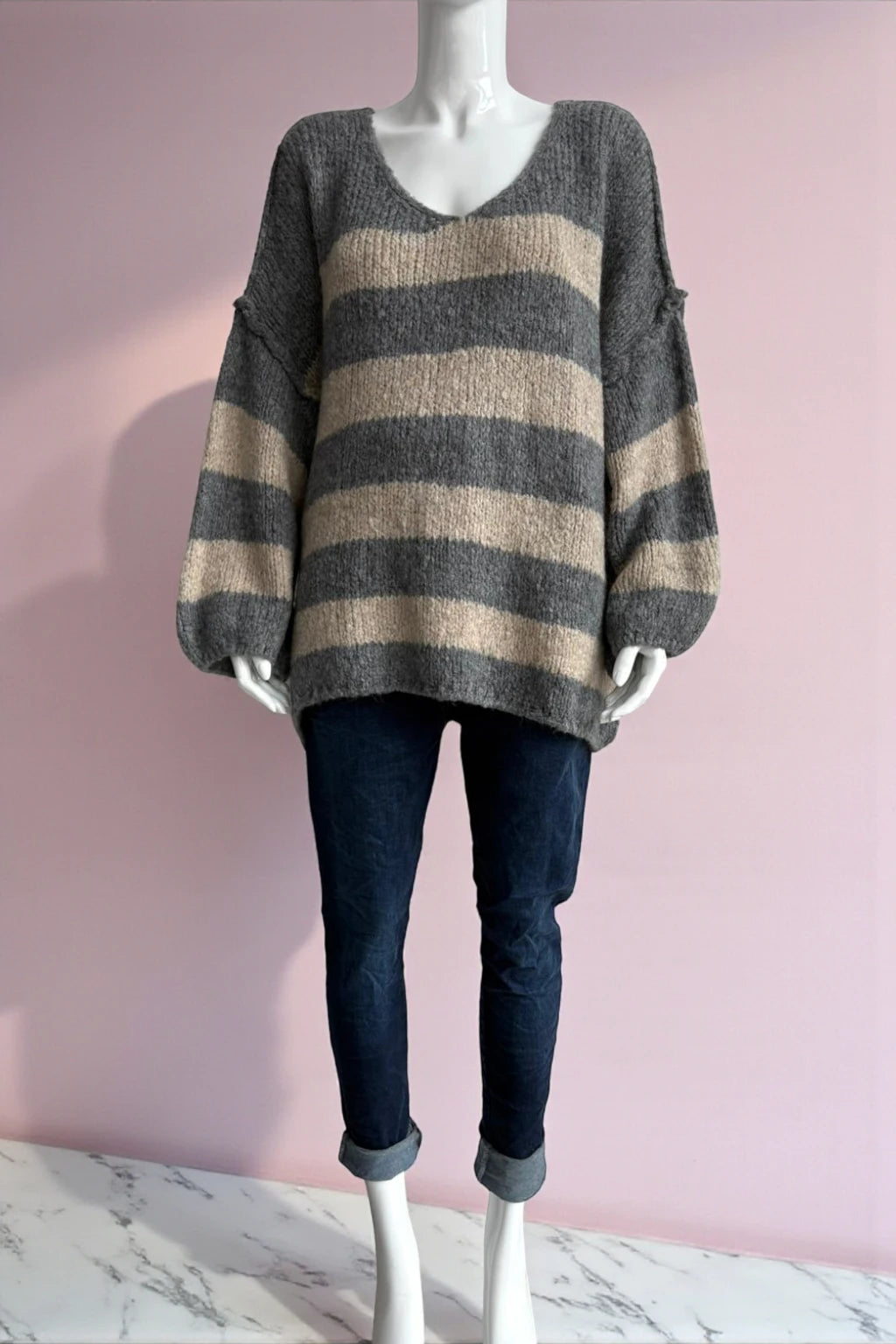 Wool V Neck Seam Out Stripe Jumper