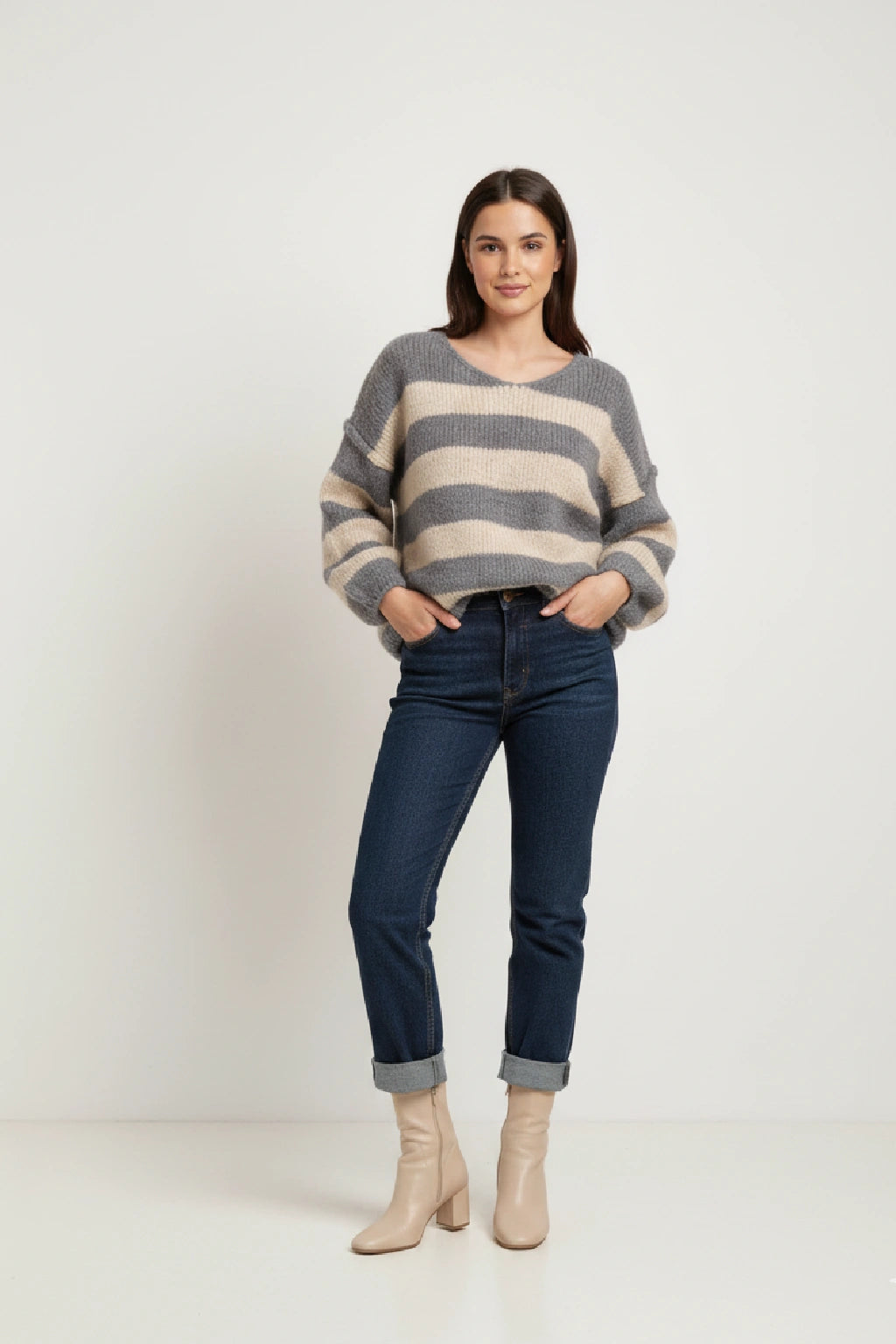 Wool V Neck Seam Out Stripe Jumper