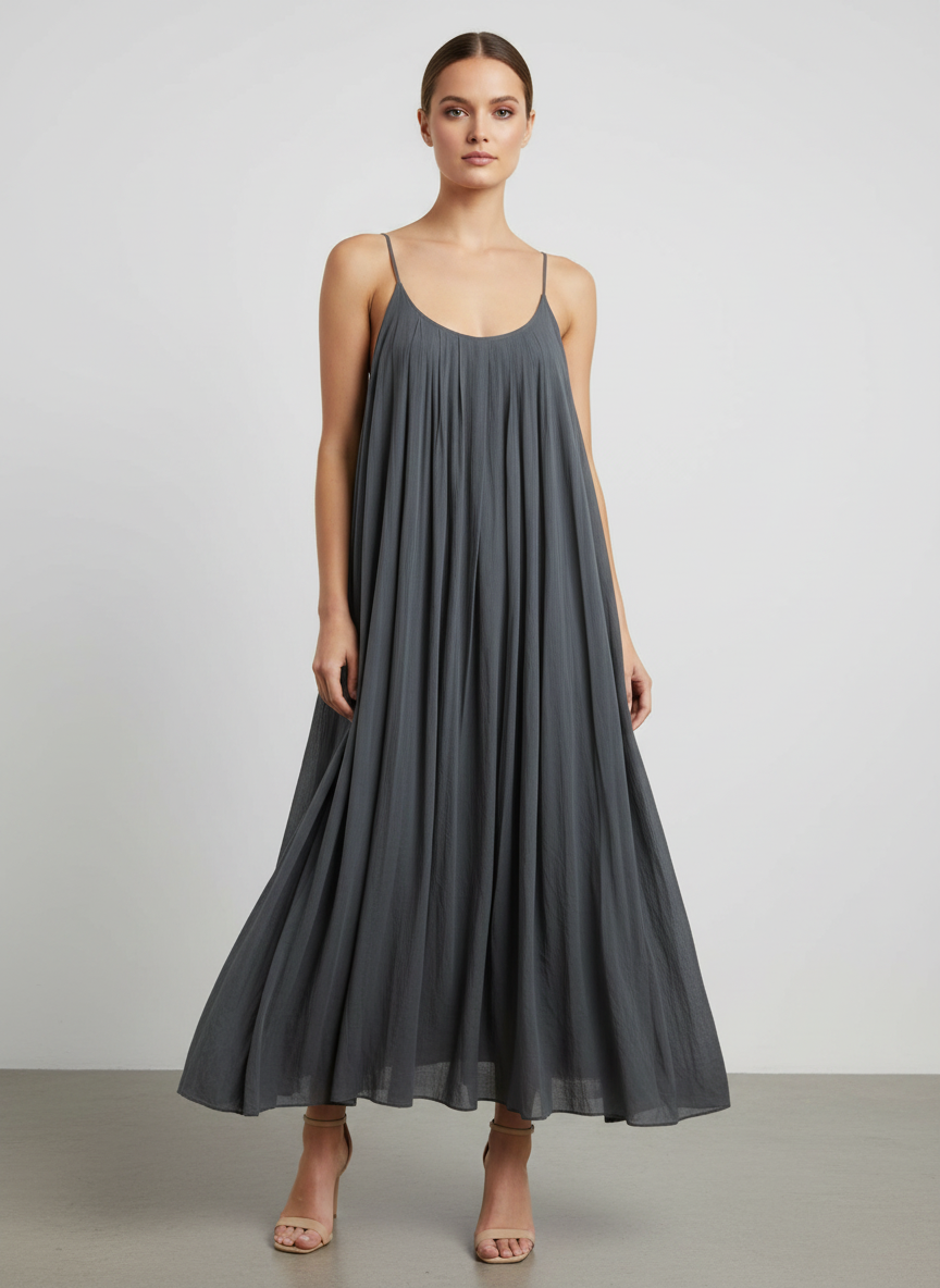 Cotton Pleat Neck Sun Dress Lagenlook