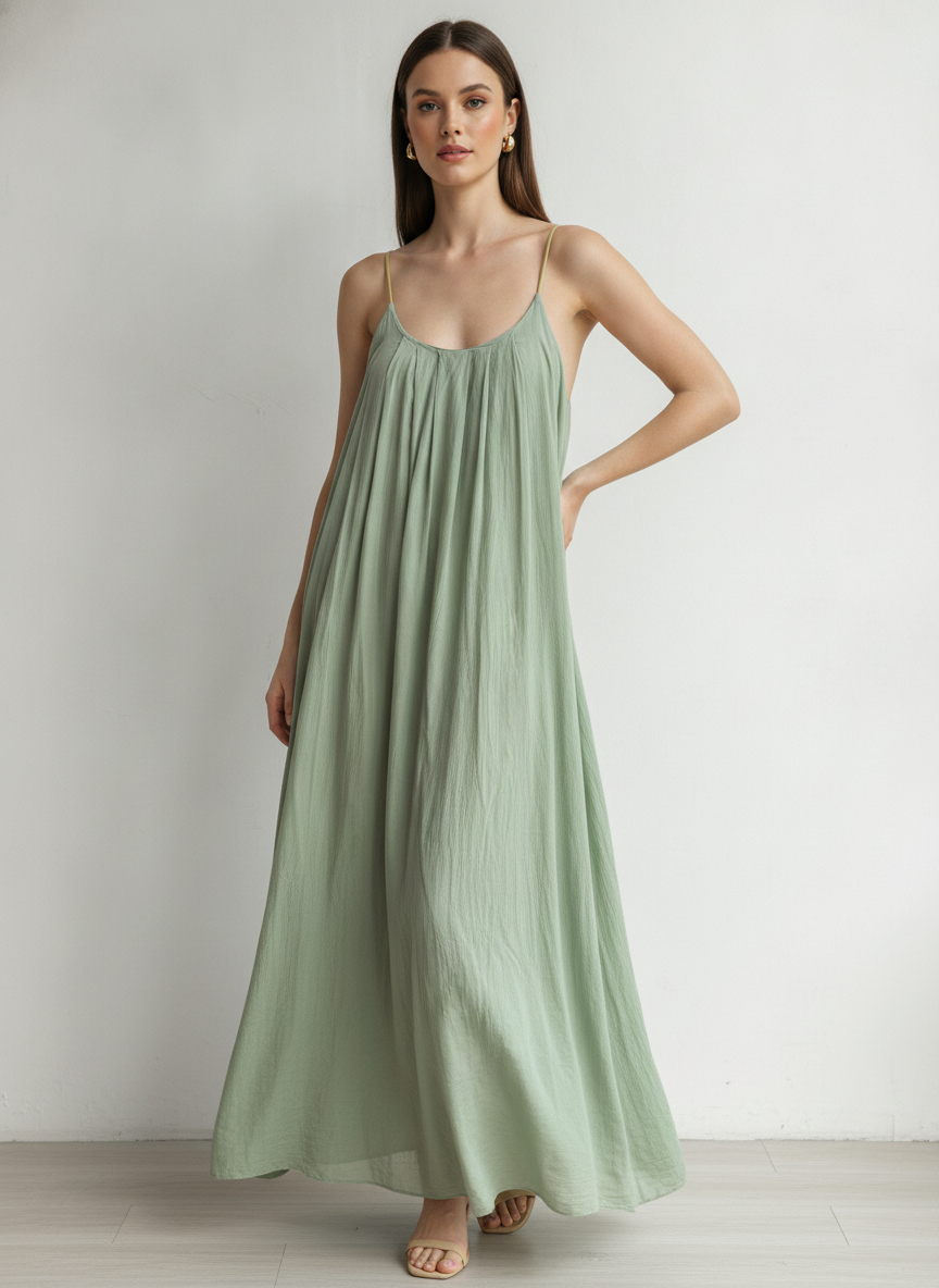 Cotton Pleat Neck Sun Dress Lagenlook