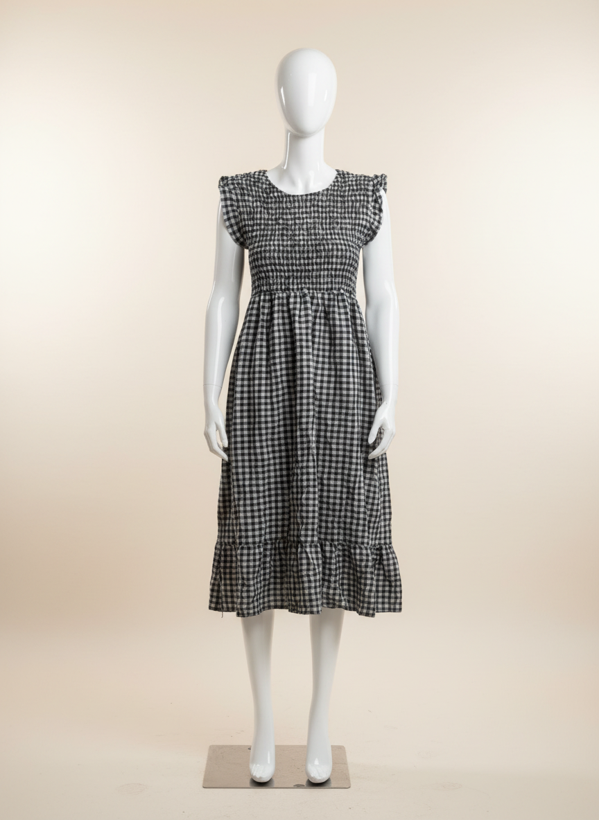Shirred Elasticated Gingham Middi Dress