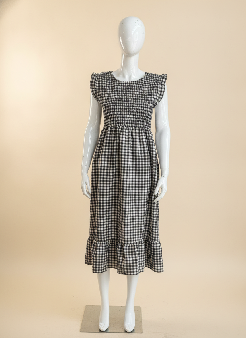 Shirred Elasticated Gingham Middi Dress