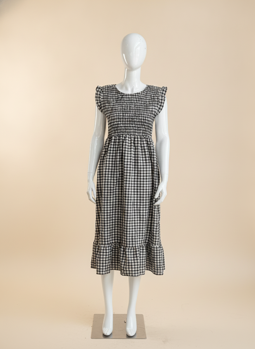 Shirred Elasticated Gingham Middi Dress