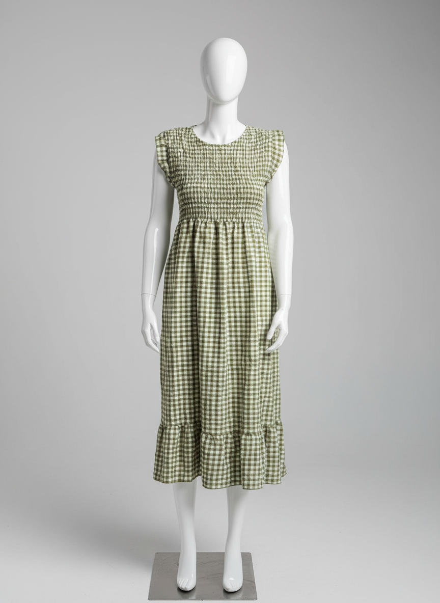 Shirred Elasticated Gingham Middi Dress