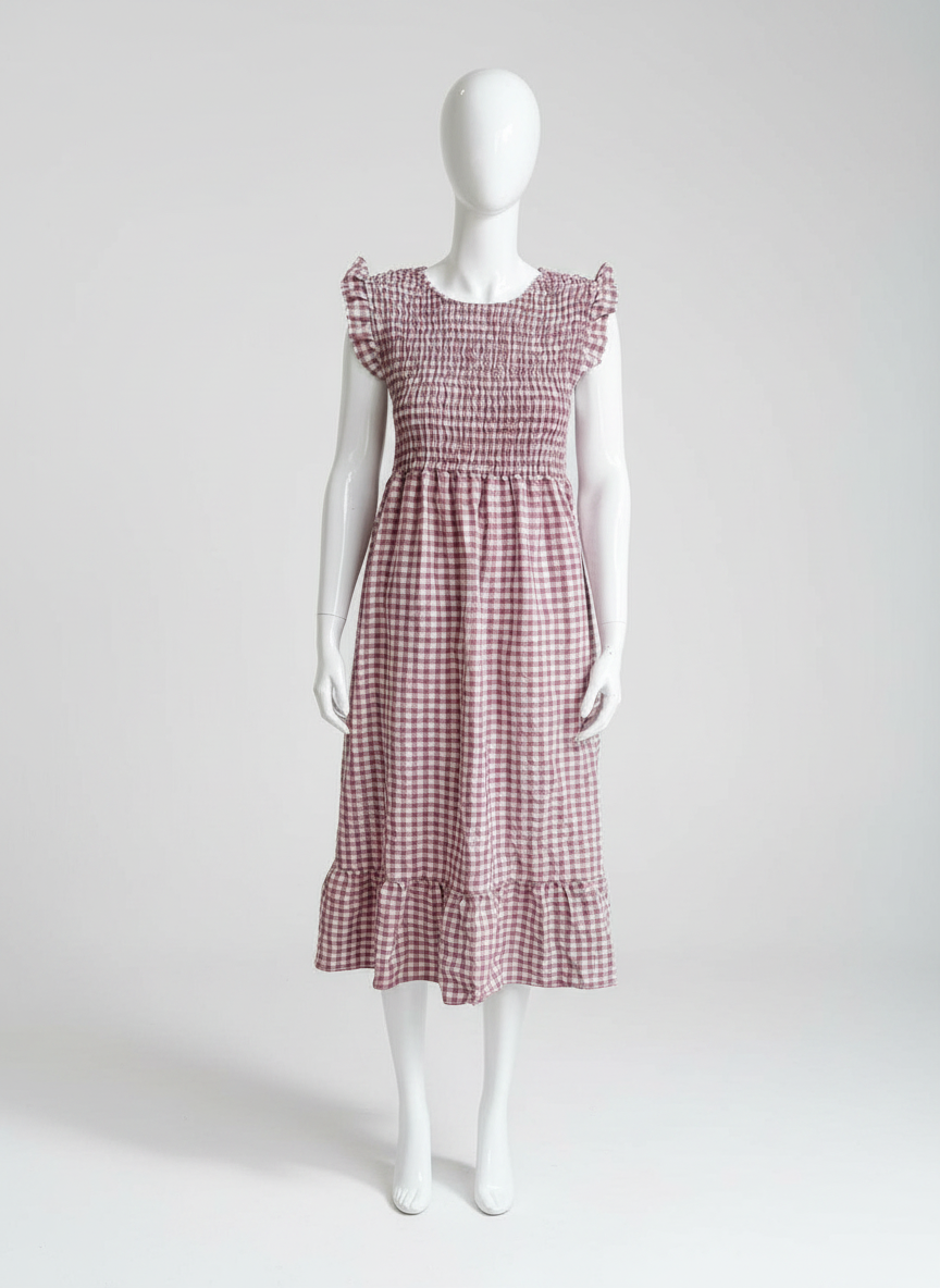 Shirred Elasticated Gingham Middi Dress
