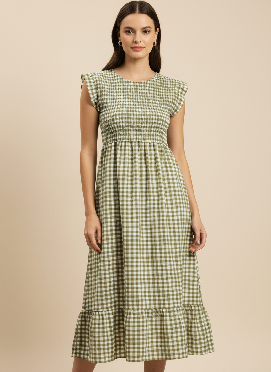 Shirred Elasticated Gingham Middi Dress