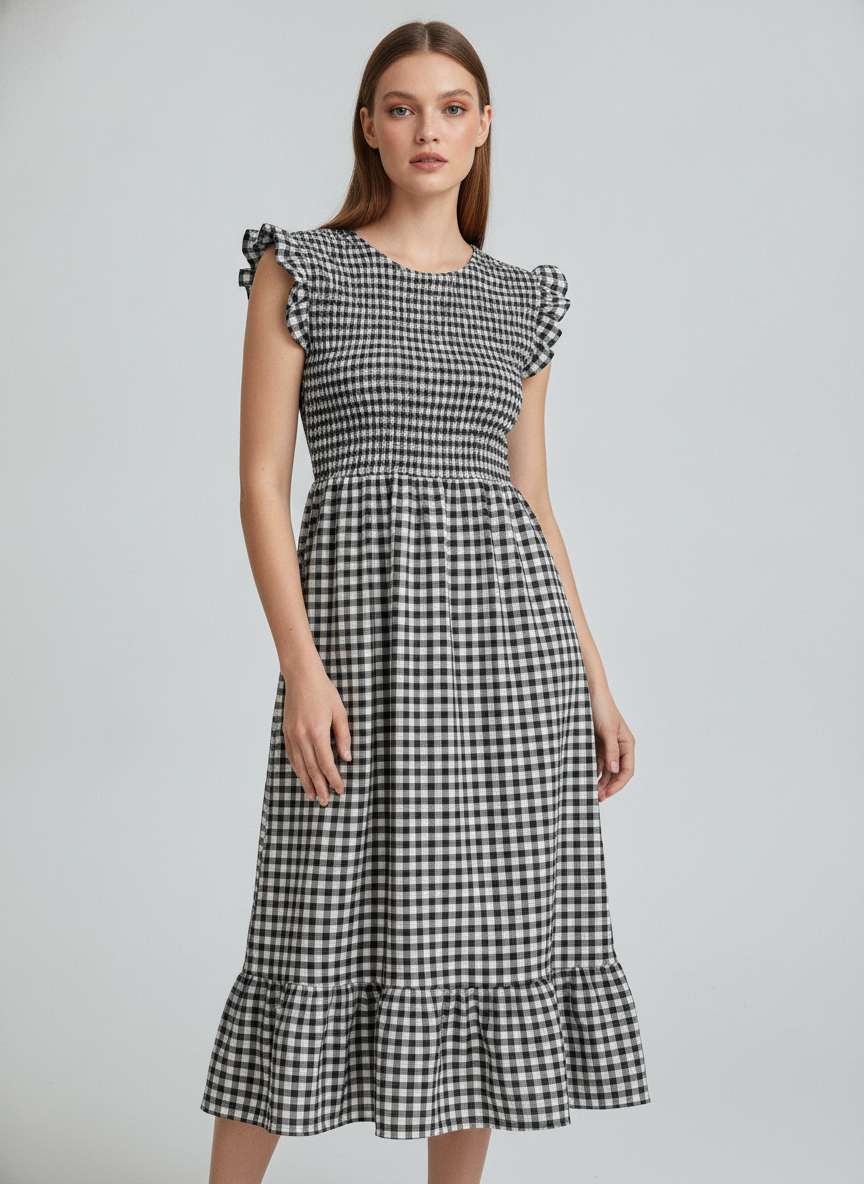 Shirred Elasticated Gingham Middi Dress