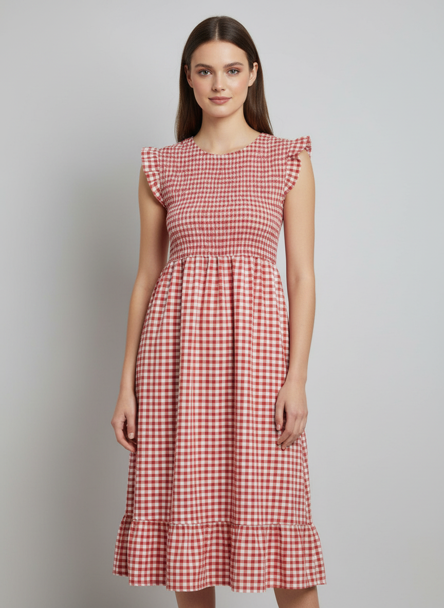 Shirred Elasticated Gingham Middi Dress