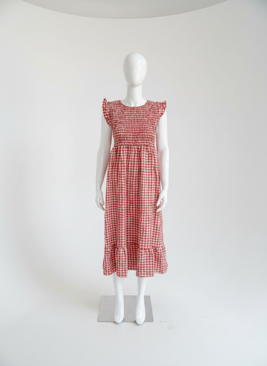 Shirred Elasticated Gingham Middi Dress