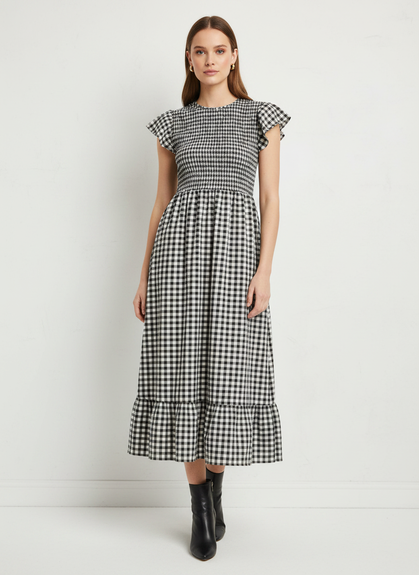 Shirred Elasticated Gingham Middi Dress