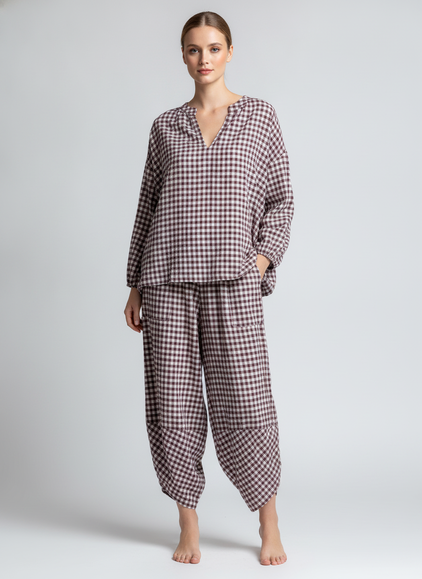 Gingham Button Neck Blouse