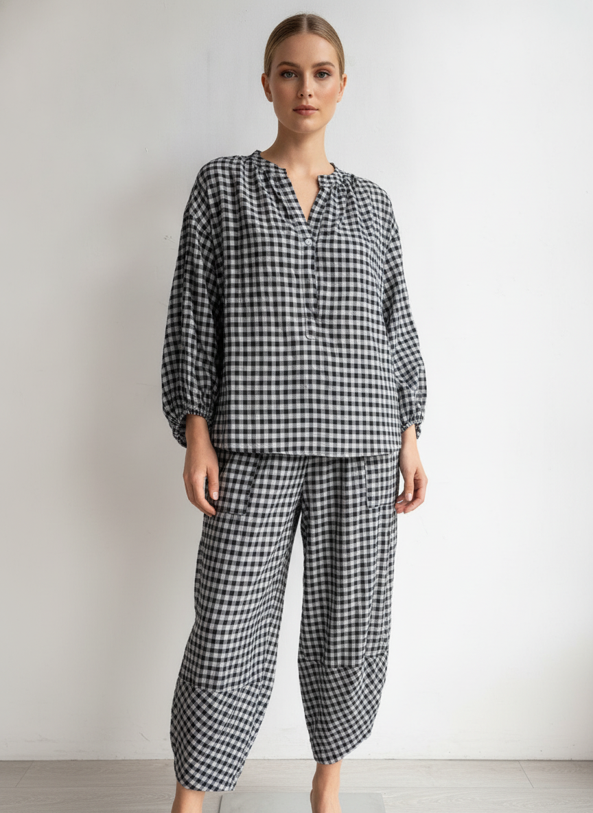 Gingham Button Neck Blouse