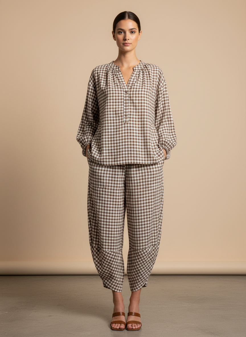 Gingham Button Neck Blouse