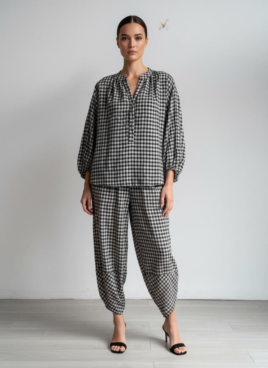 Gingham Button Neck Blouse