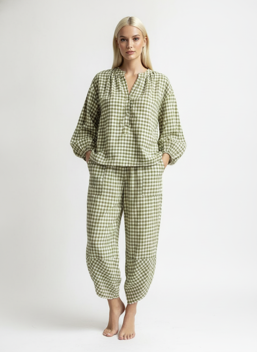 Gingham Button Neck Blouse
