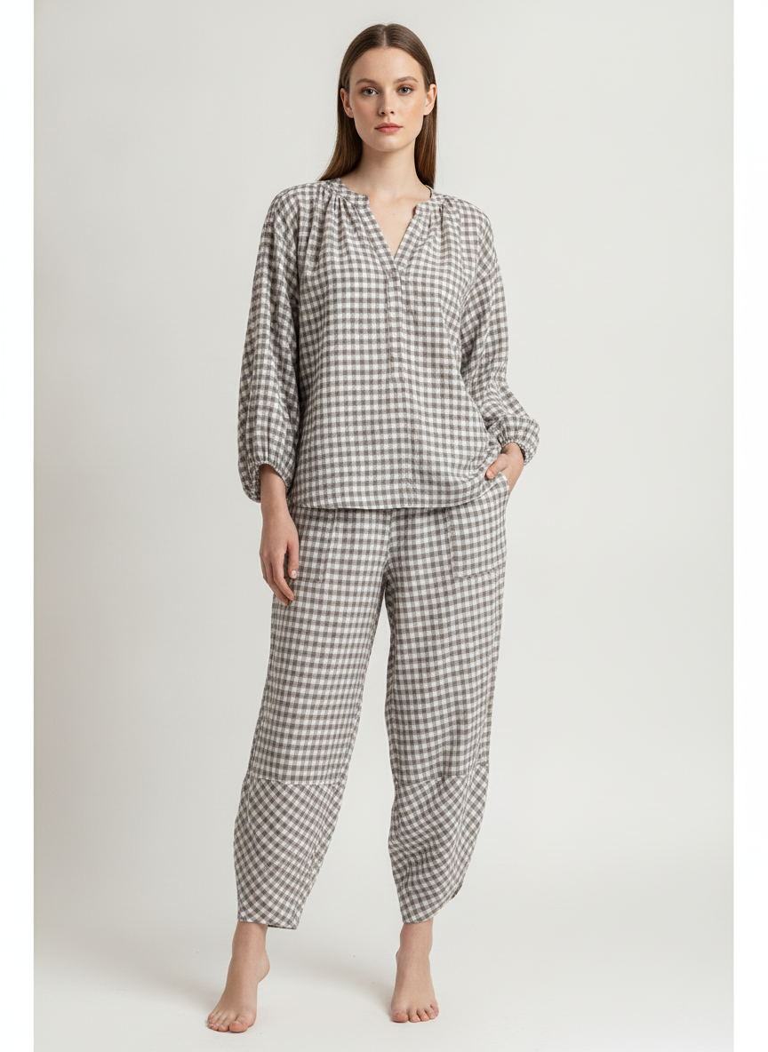 Gingham Button Neck Blouse