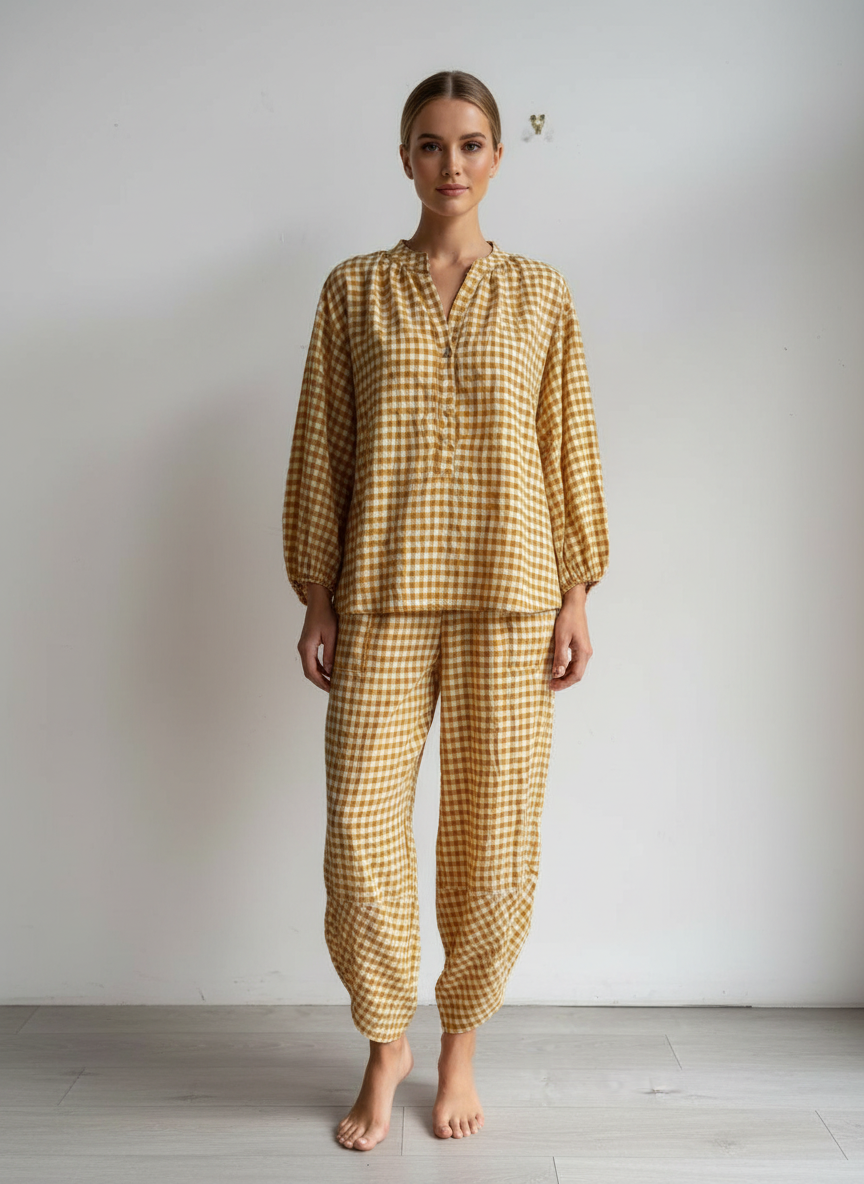 Gingham Button Neck Blouse