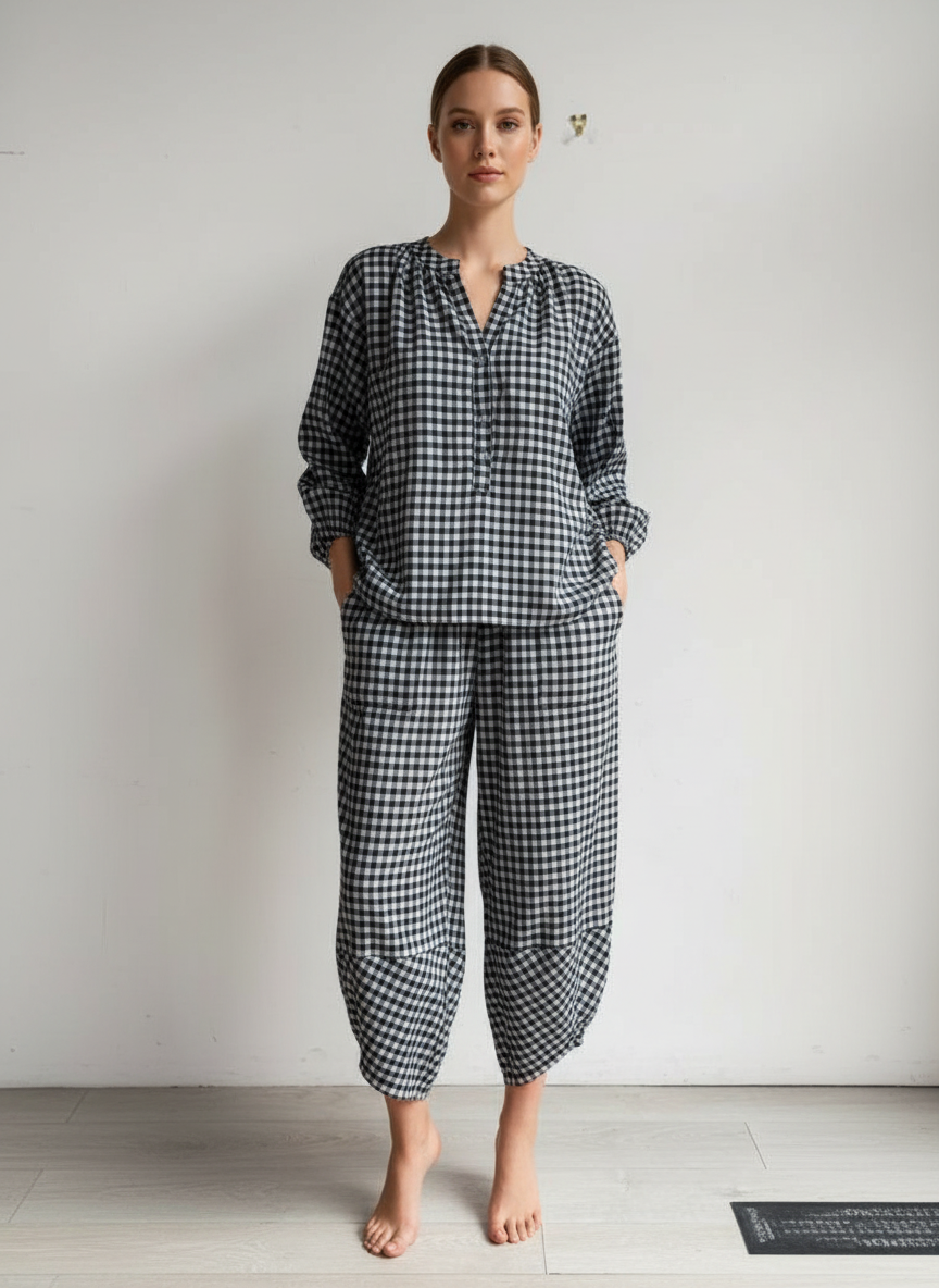Gingham Button Neck Blouse
