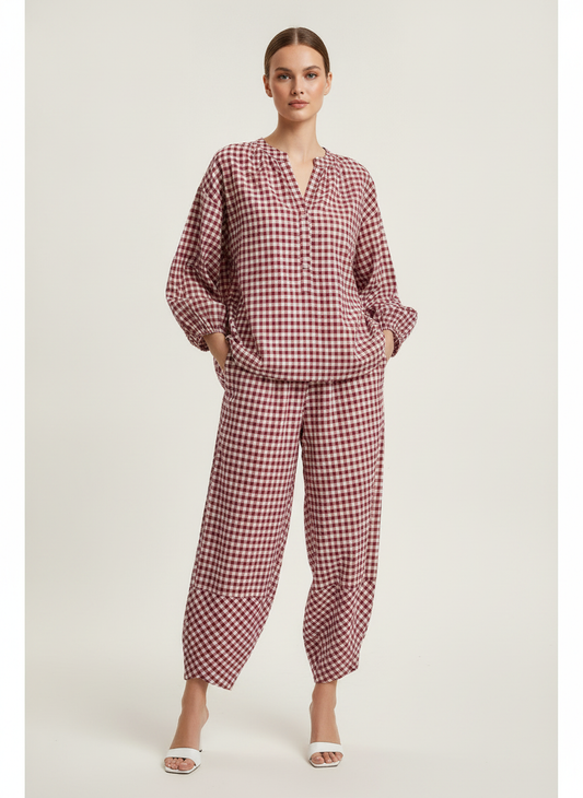 Gingham Button Neck Blouse