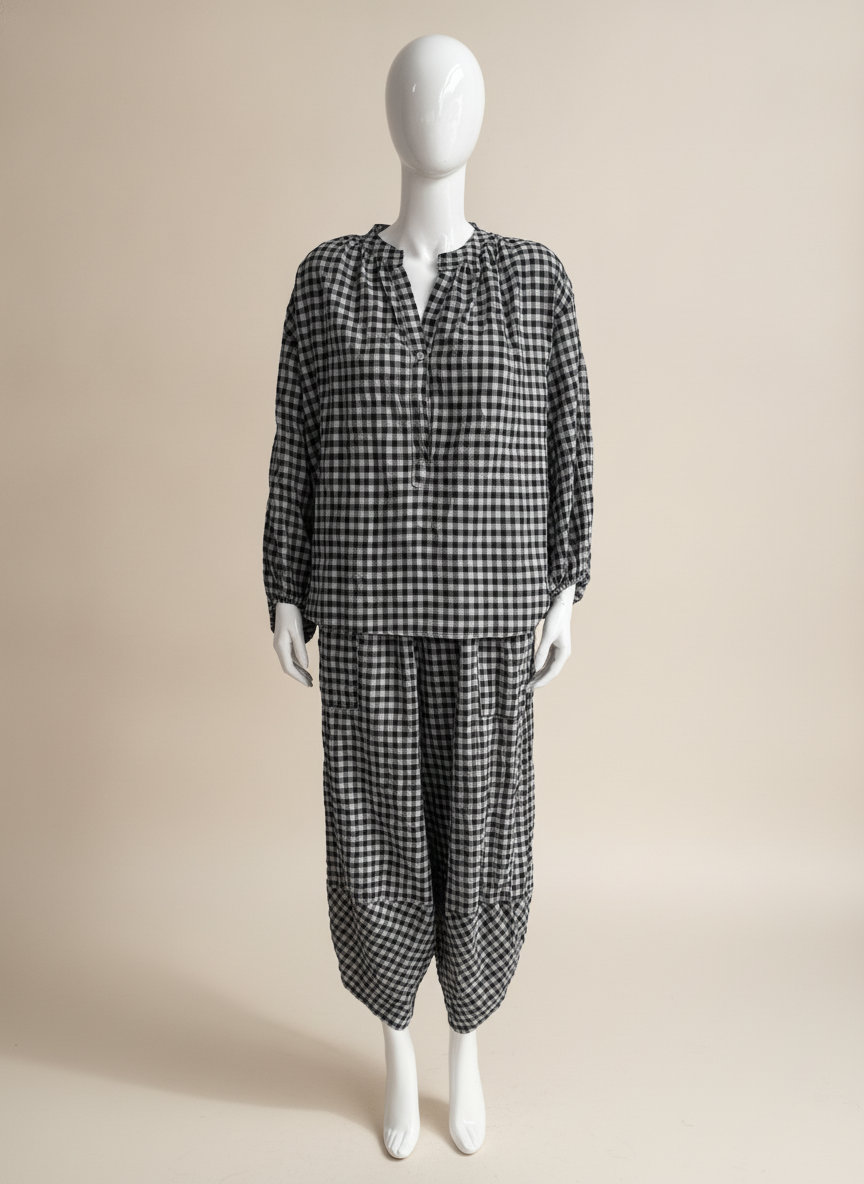 Gingham Button Neck Blouse