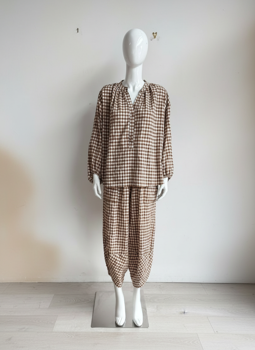 Gingham Button Neck Blouse