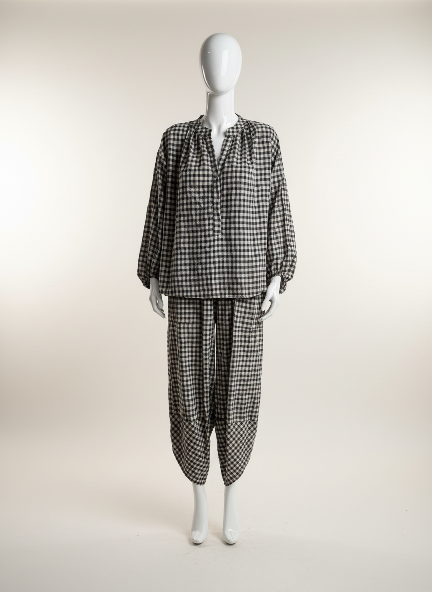 Gingham Button Neck Blouse