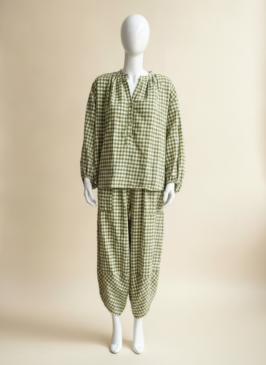 Gingham Button Neck Blouse