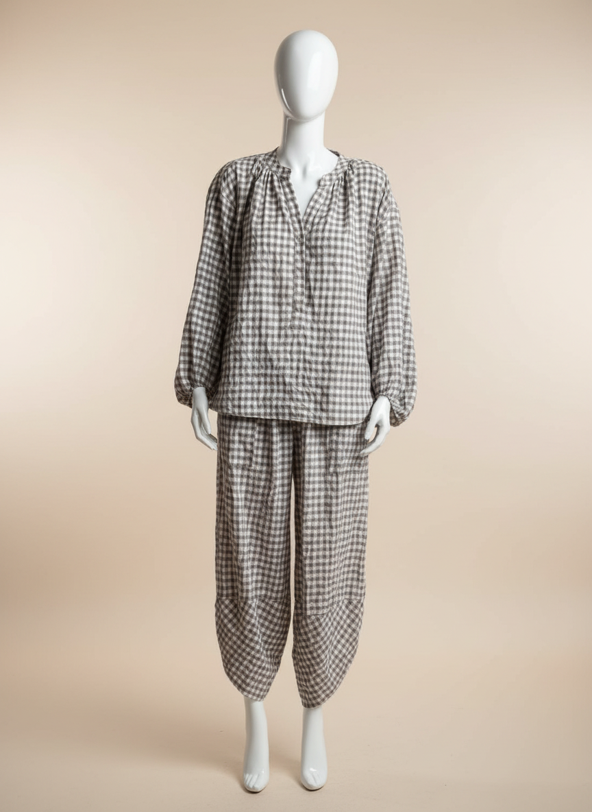 Gingham Button Neck Blouse