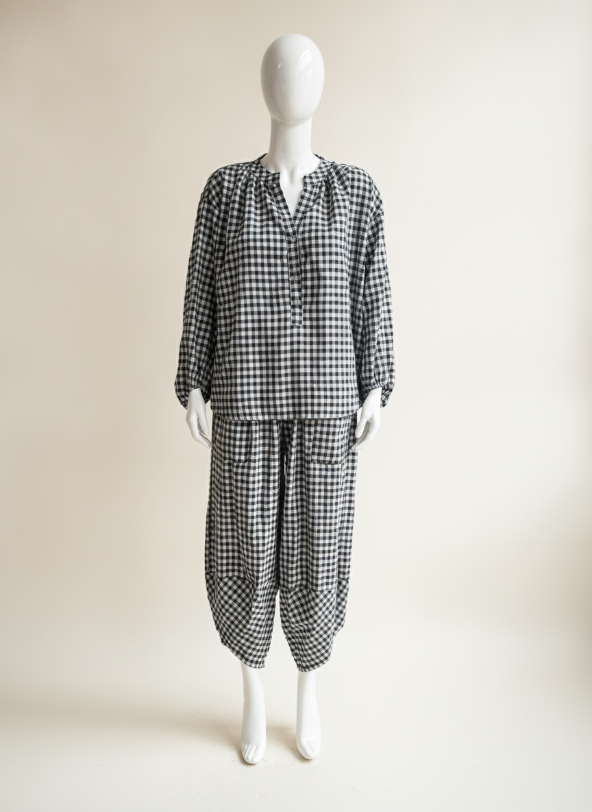 Gingham Button Neck Blouse