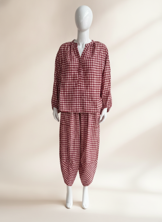 Gingham Button Neck Blouse