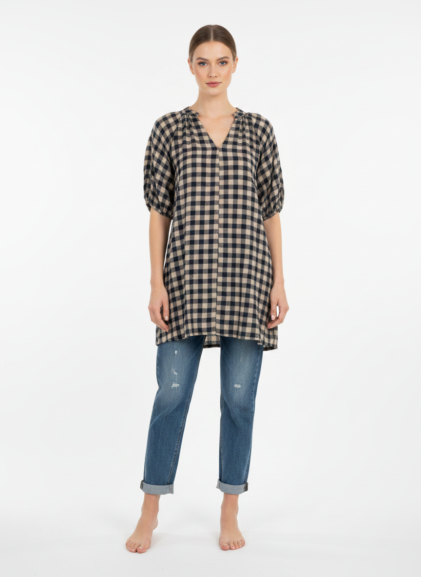 Gingham Puffball sleeve Swing Dress