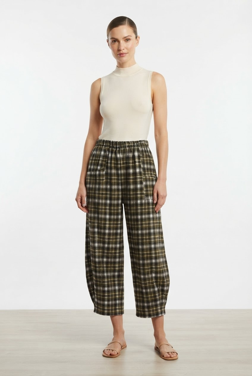 Relax Barrel Brushed Cotton Plaid Pants