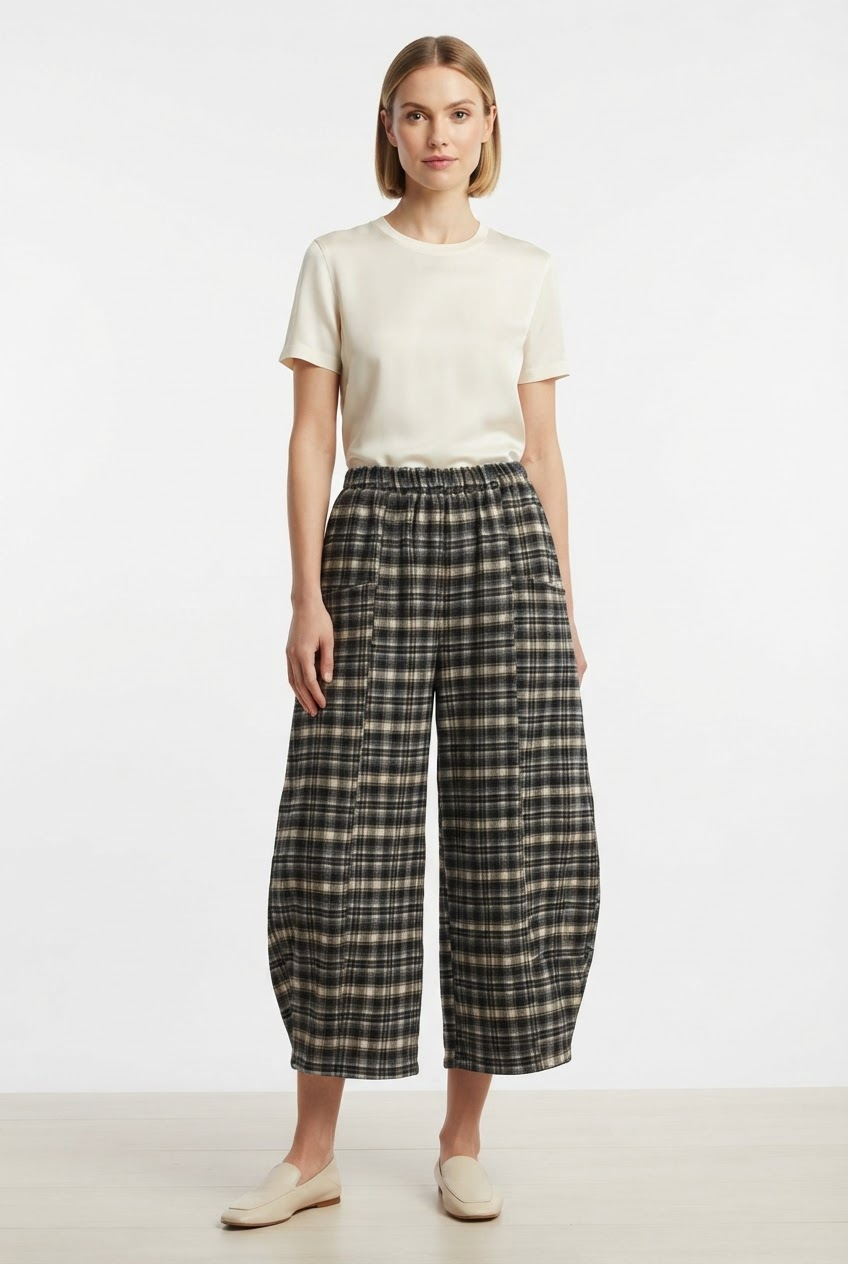 Relax Barrel Brushed Cotton Plaid Pants