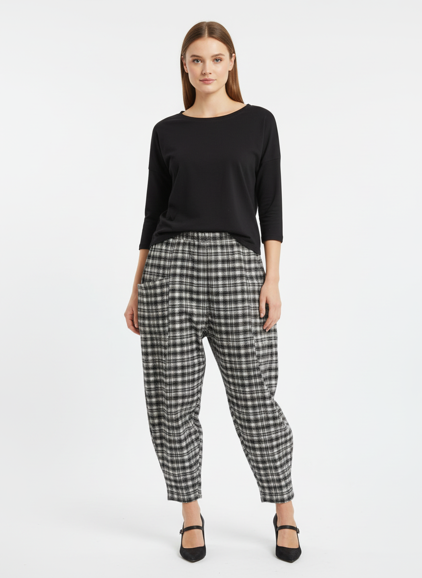 Relax Barrel Brushed Cotton Plaid Pants