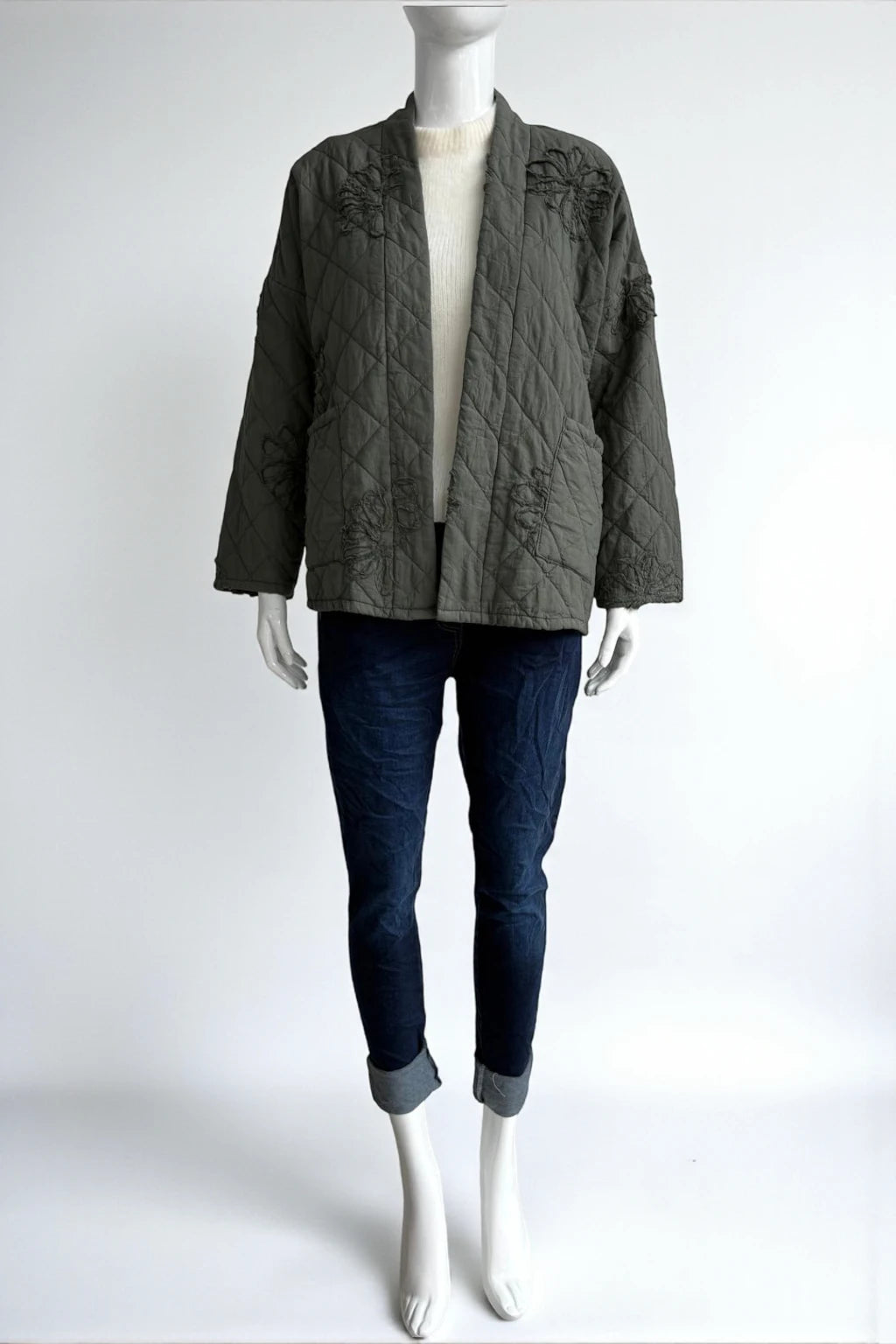 Quilted Kimono-Style Jacket with Floral Embroidery