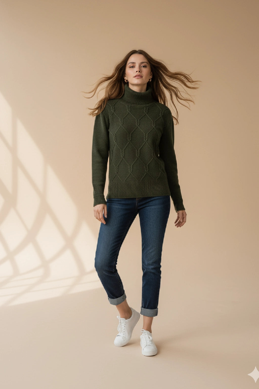 Women's Diamond Knit Polo Neck Jumper