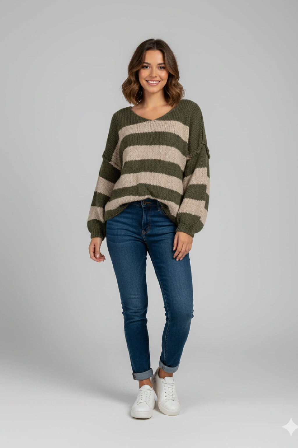 Wool V Neck Seam Out Stripe Jumper