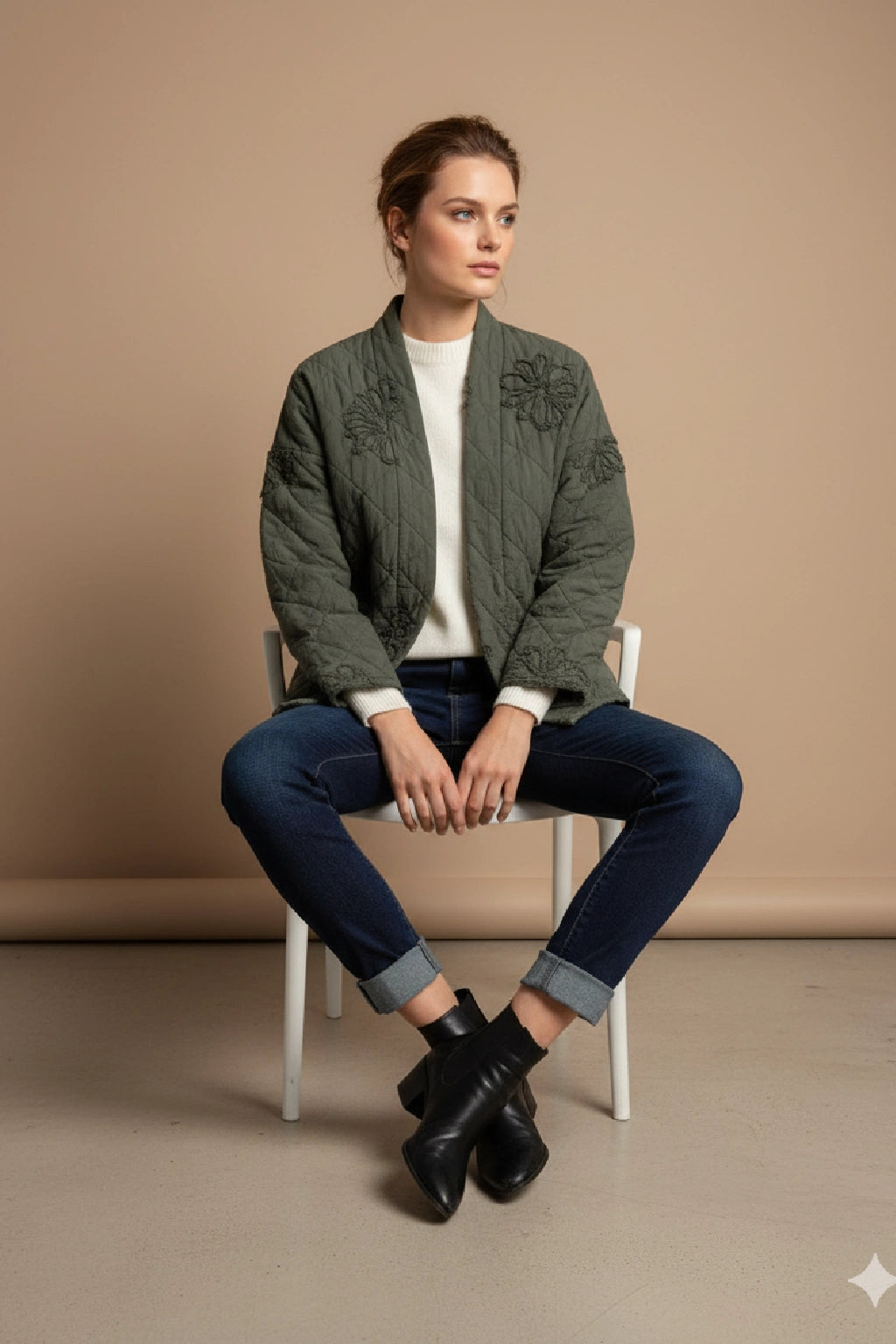 Quilted Kimono-Style Jacket with Floral Embroidery