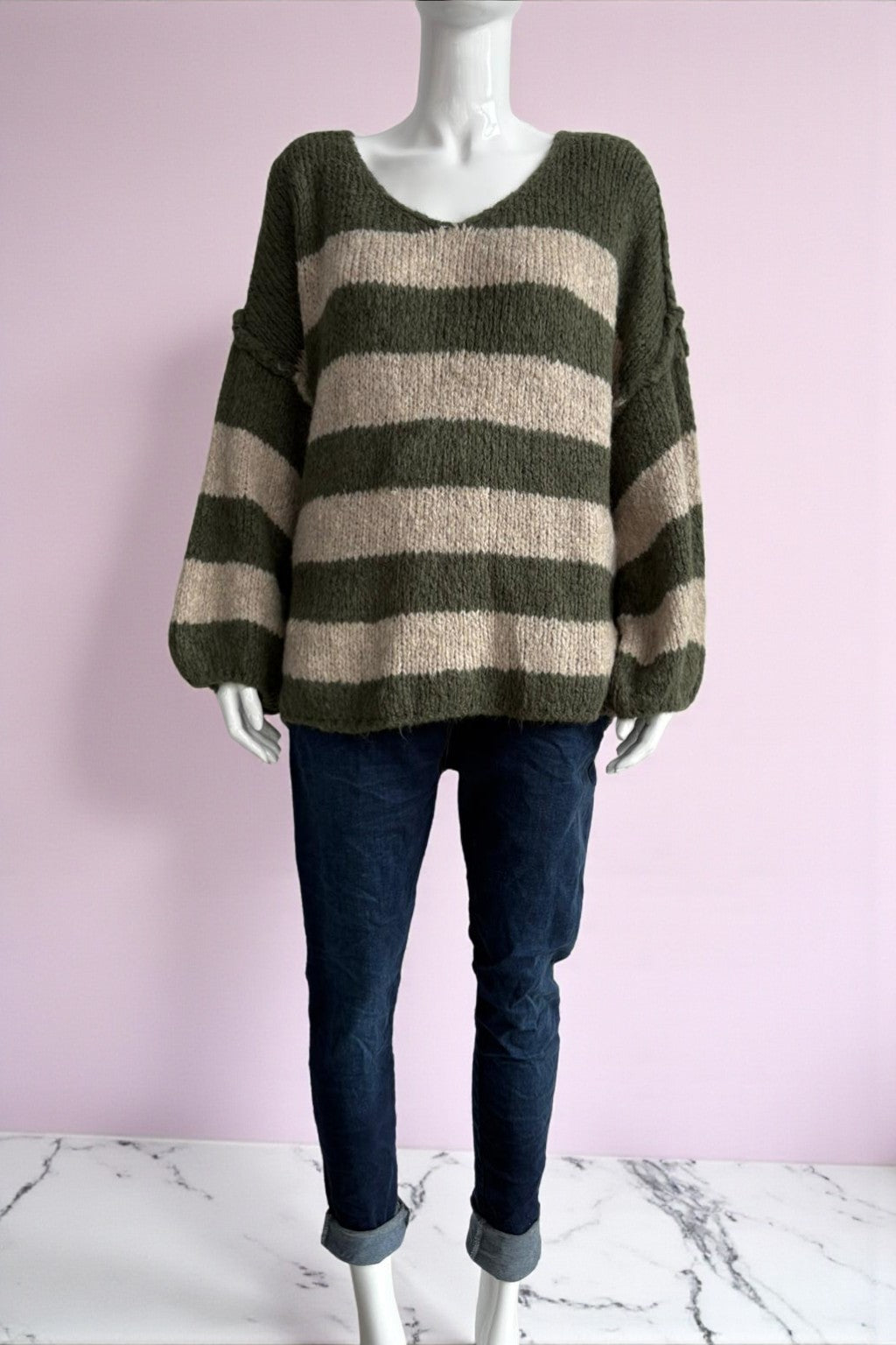 Wool V Neck Seam Out Stripe Jumper