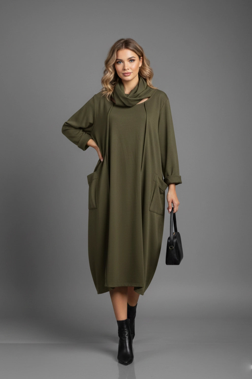 Oversized Long-Sleeve Casual Midi Dress with Cowl Neck