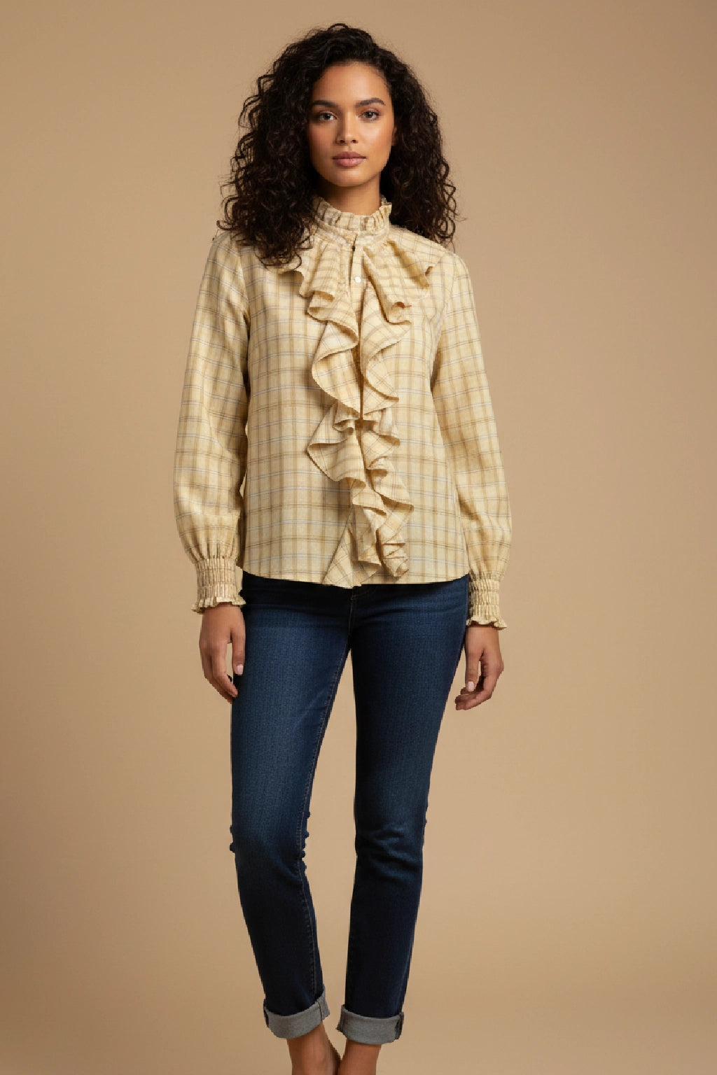 Made in Italy Cotton Plaid Frill Blouse