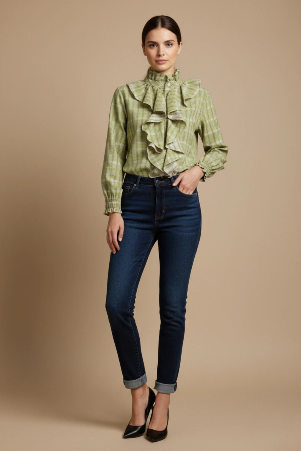 Made in Italy Cotton Plaid Frill Blouse