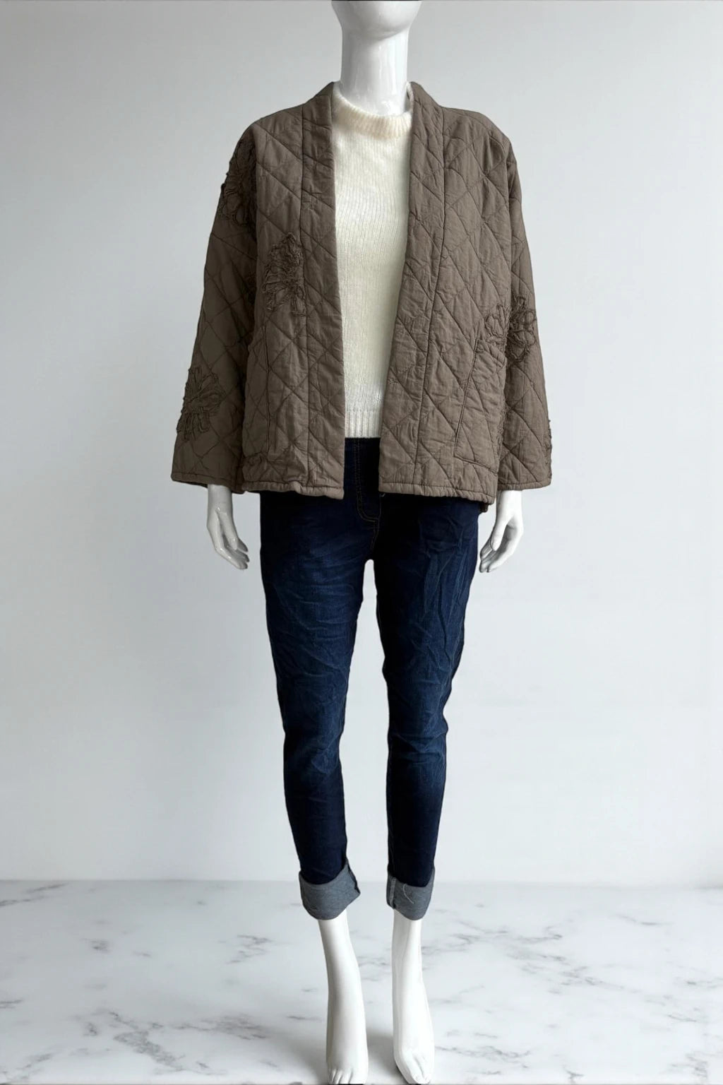 Quilted Kimono-Style Jacket with Floral Embroidery