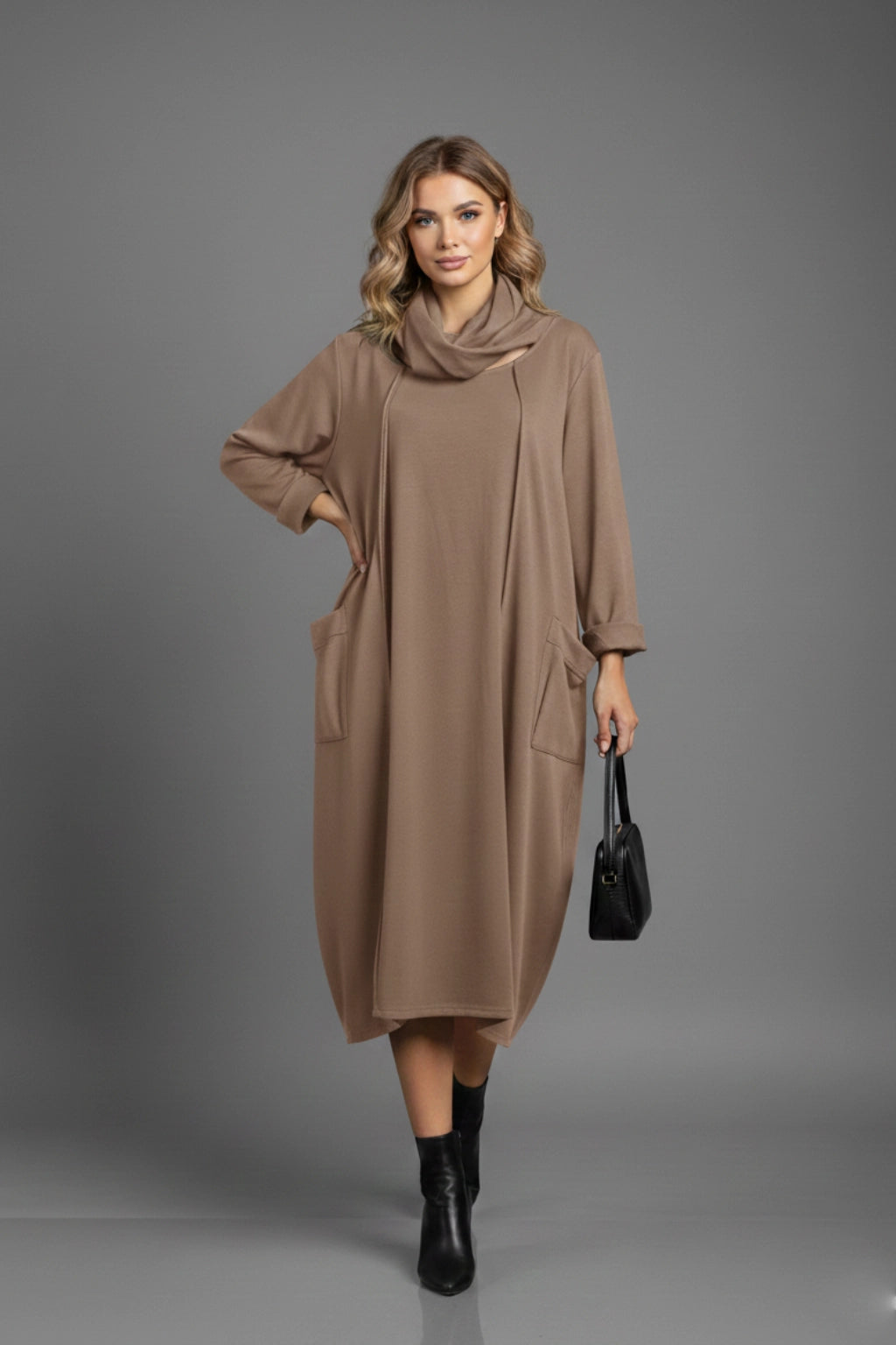 Oversized Long-Sleeve Casual Midi Dress with Cowl Neck