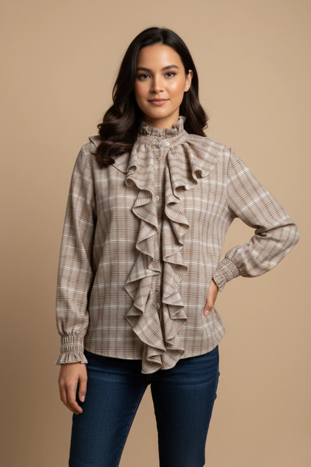 Made in Italy Cotton Plaid Frill Blouse